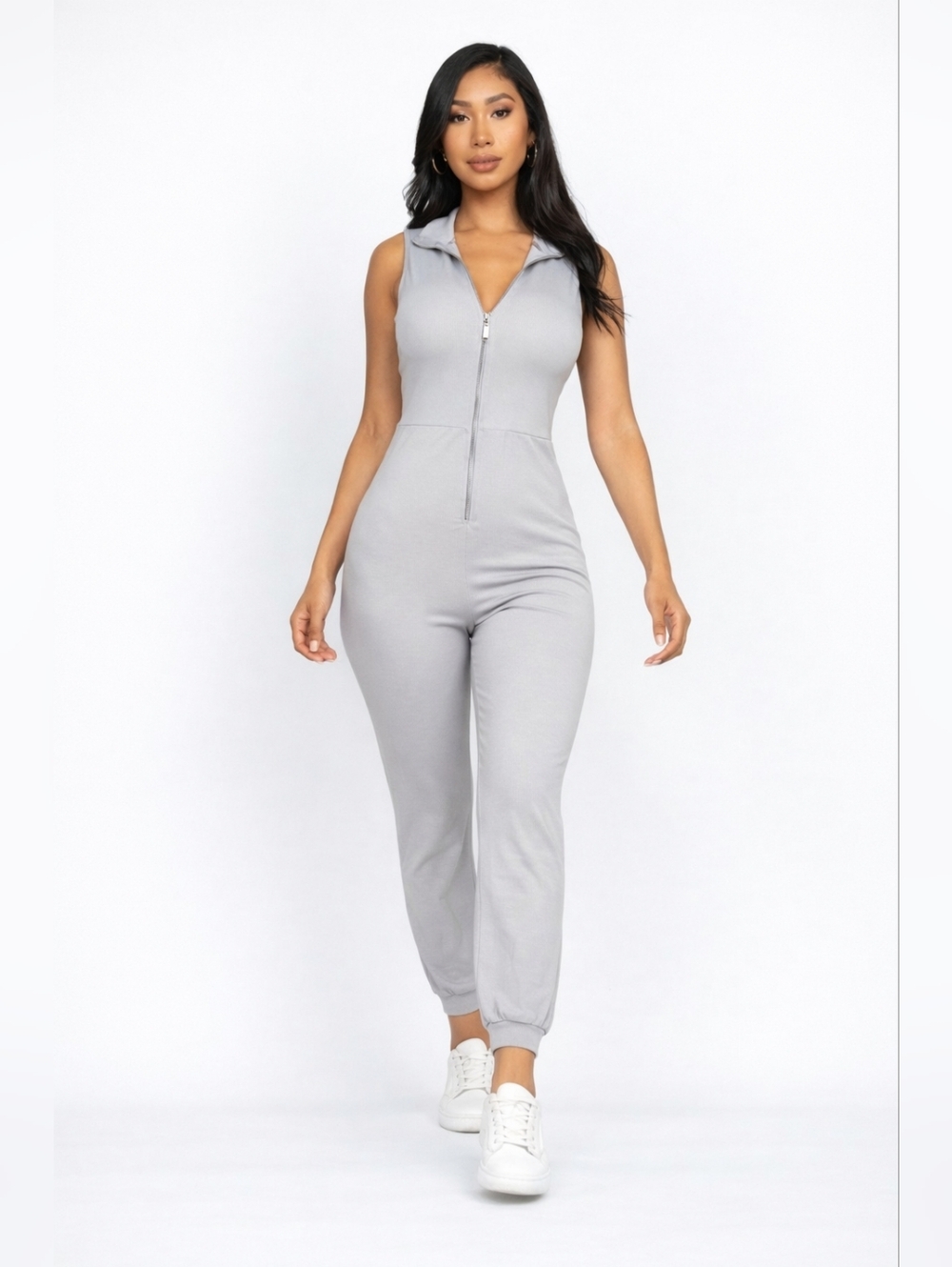 Gray Zip Front Fitted Light Grey Casual Jumpsuit Size M
